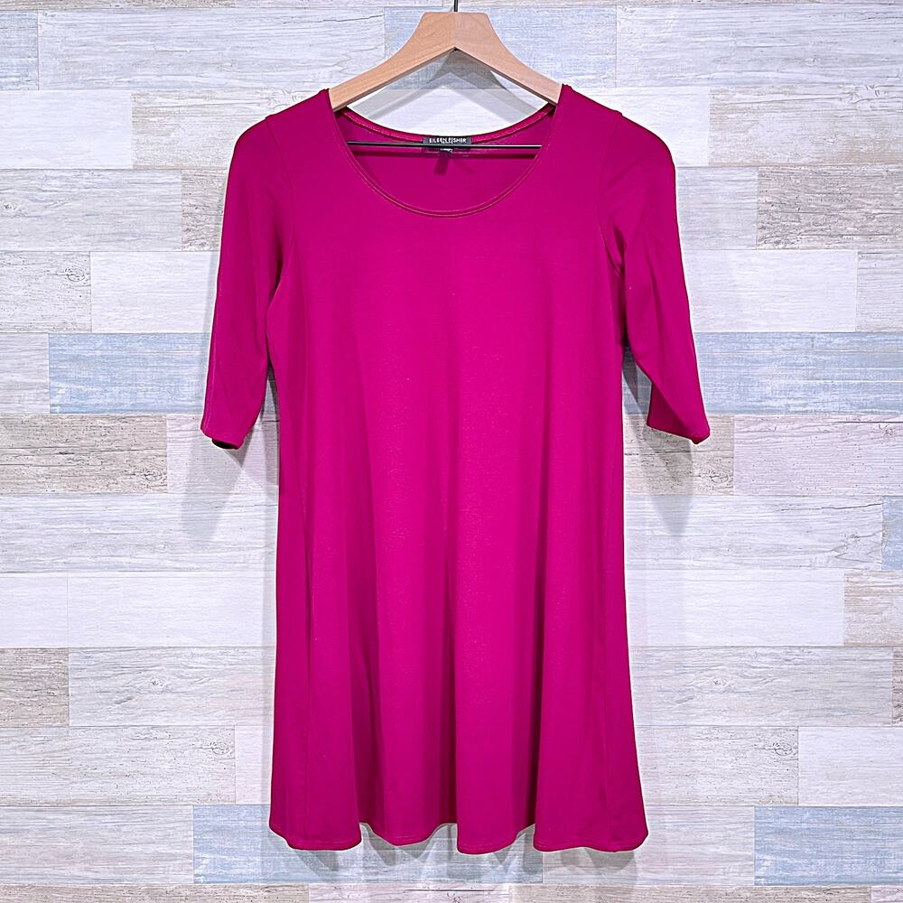 Eileen Fisher Half Sleeve Jersey Tunic Top Pink A Line Stretch Casual Womens PS